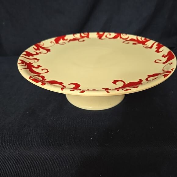 Ciroa Fiori Red Pedestal Cake Serving Plate Porcelain White Red Swirl Leaf Desig - Picture 1 of 8